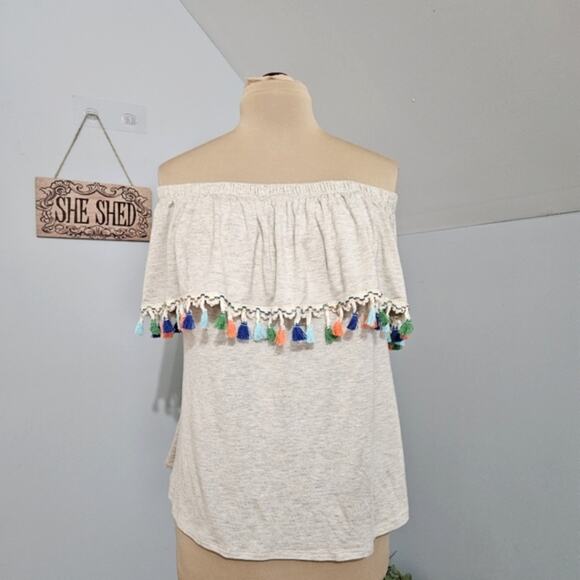 Pebble and Stone Womens Top Large Off Shoulder Colorful Pom Pom Embroidery Trim - Picture 1 of 12